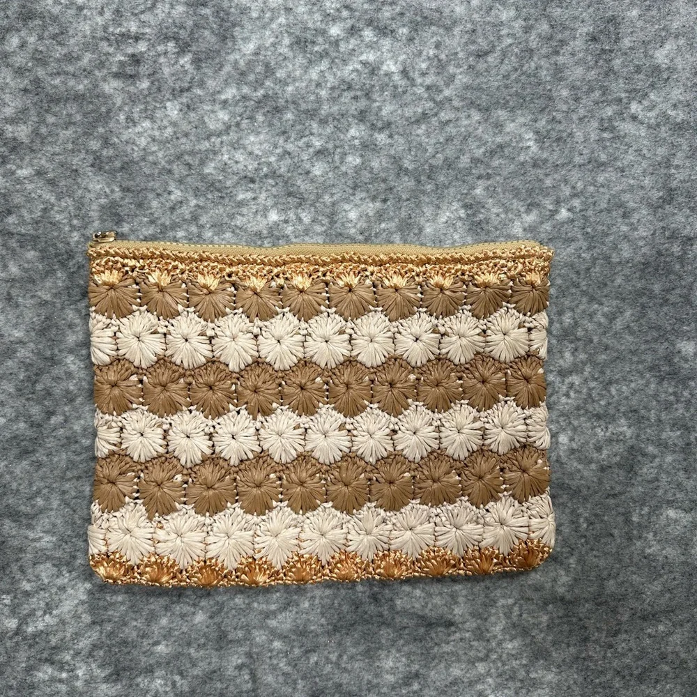 Carrie Forbes Woven Raffia Clutch Cosmetic Bag Beige Cream Crochet Brown Fall